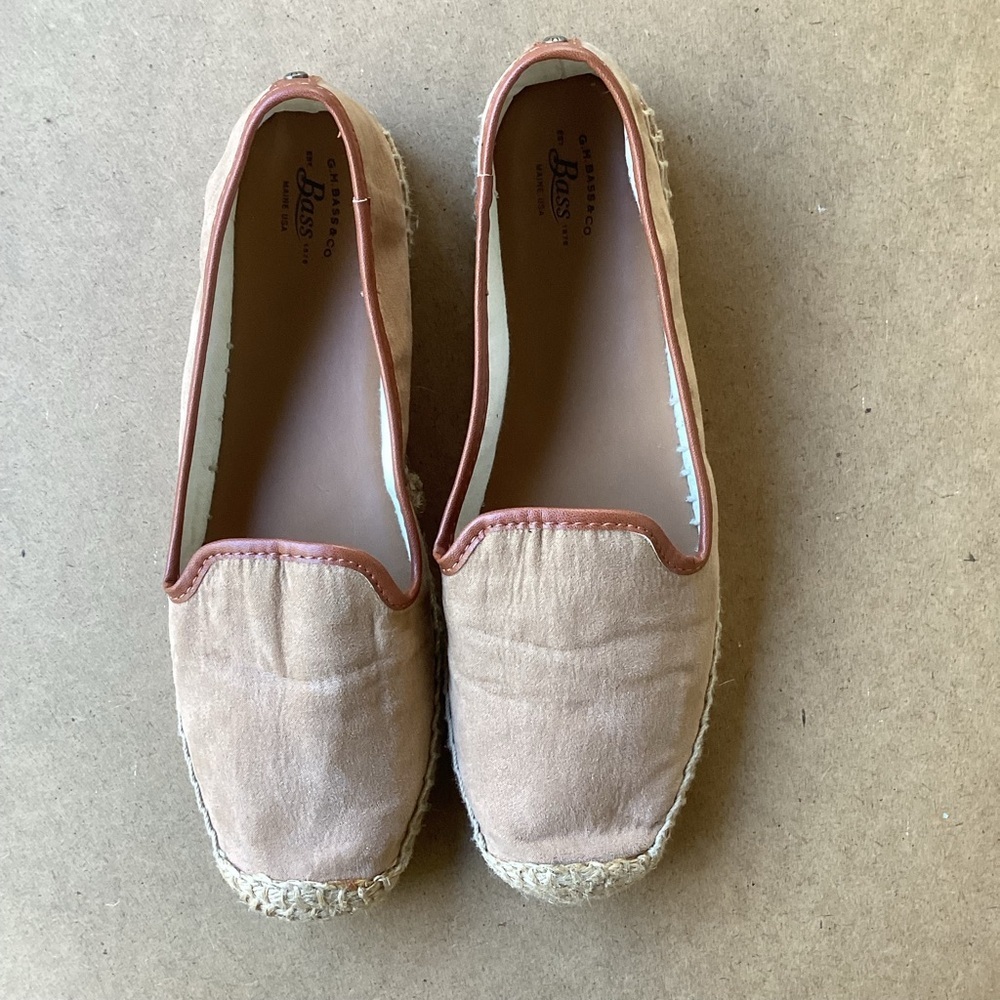 Bass Jenna light brown faux leather slip on loafers, size 8.5